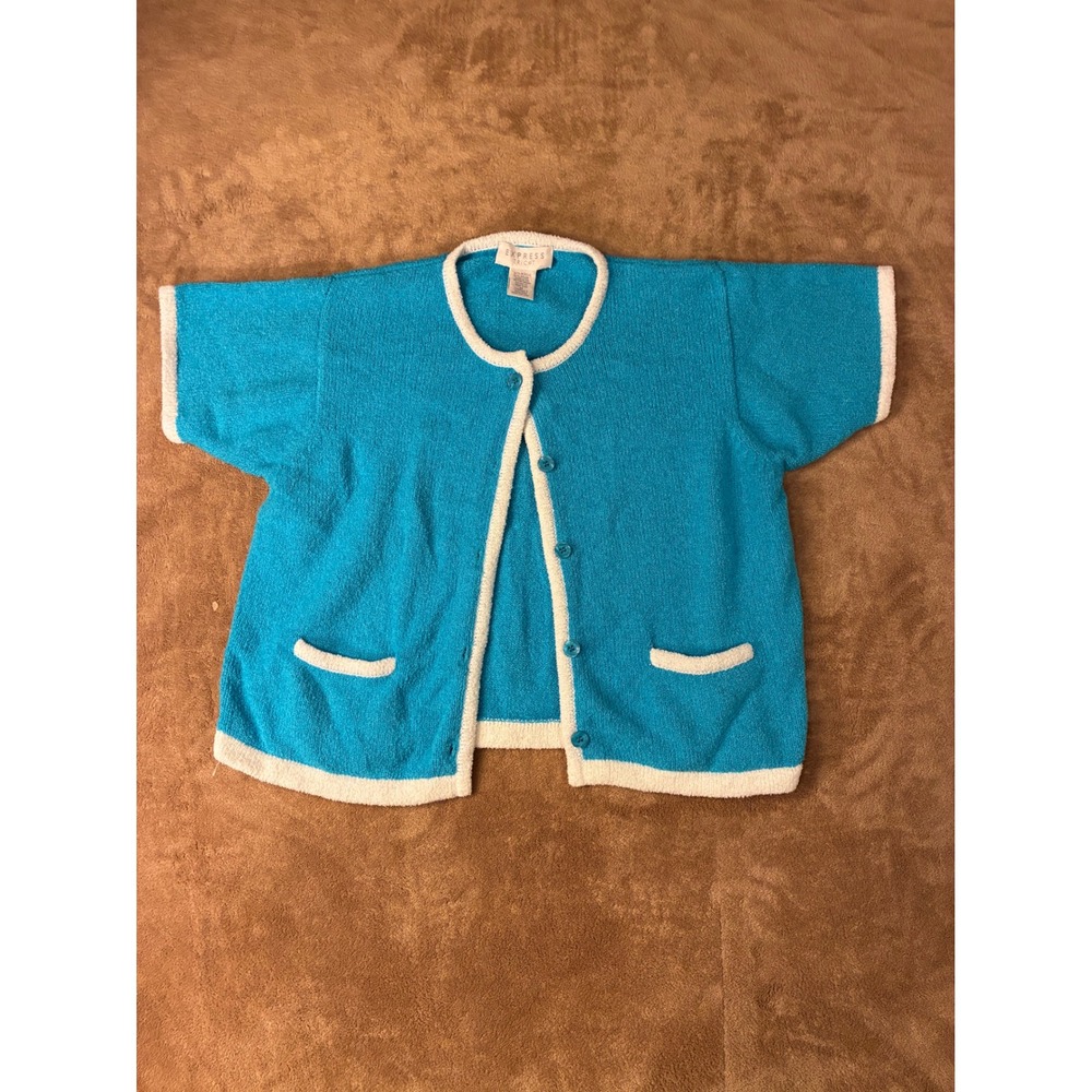 VTG Express Tricot Women's Sweater Medium Turquoise Blue Boucle Knit Cardigan